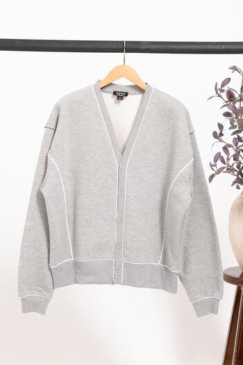 For You Man Men's Cardigan with V-Neck Piping and Buttons |   Gray
