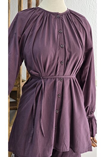 NANTİREA Plum Hijab Sleeves Ruffle Waist Belted Pants Suit