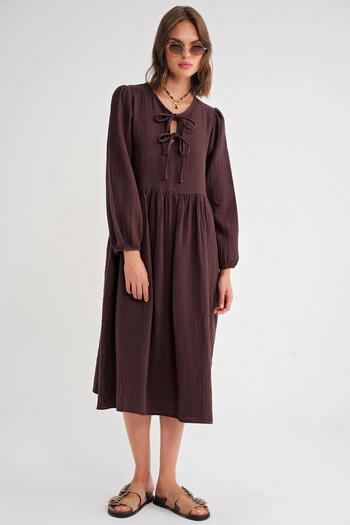 Mixray 4739 Women's Collar Tie Muslin Midi Dress Brown
