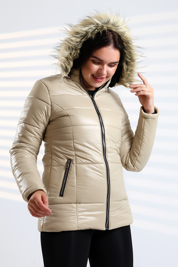 Talsmoda Women's Cream Color Hooded Fur Water, Wind and Wash Resistant Quilted Coat