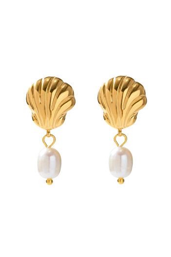 Eva Grace Davina earrings, gold, made of stainless steel and natural cultured pearls, 18K gold plated, fashion