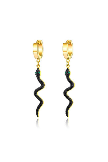 Eva Grace Kadence earrings, long, gold with black, snake-shaped, made of 18K gold-plated stainless steel
