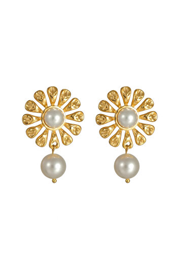 Eva Grace Florine earrings, golden, flower-shaped, with pearls, made of stainless steel - Universe of Collection