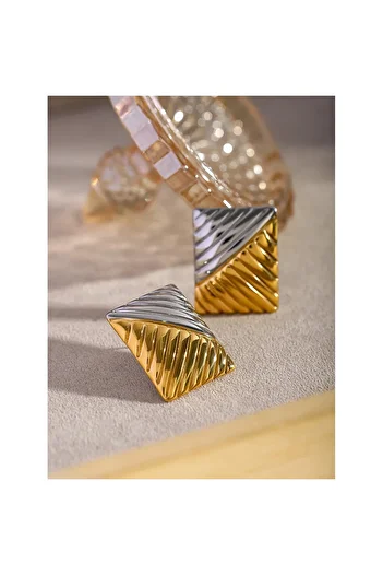 Eva Grace Talia earrings, rectangular, gold and silver mix, vintage style, made of plated stainless steel