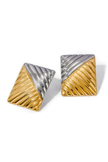 Eva Grace Talia earrings, rectangular, gold and silver mix, vintage style, made of plated stainless steel
