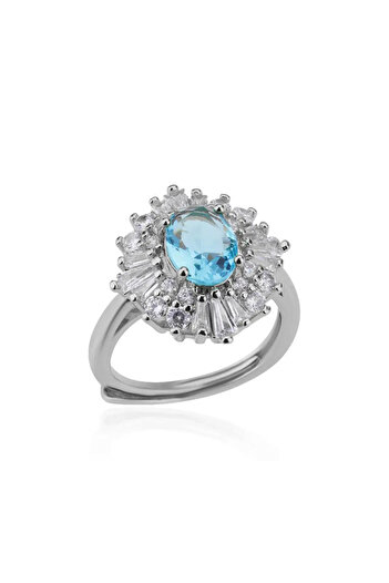 Eva Grace Lizeth ring, silver, with blue stone, made of stainless steel, decorated with zirconia, adjustable - C