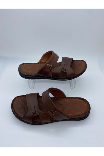 BURAK ALDAY SHOES Men's Genuine Leather Massage Sole Brown Slippers