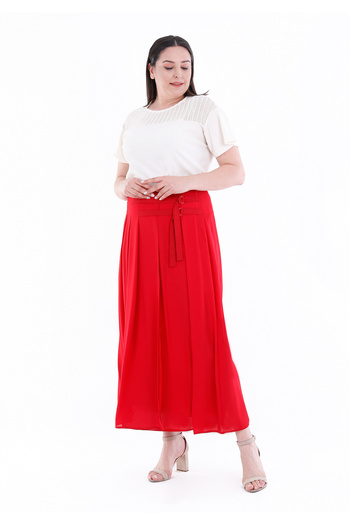 Guzella Plus Size Maxi Length Double Belt Detailed Zippered Pleated Chiffon Skirt