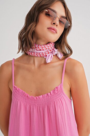 Mixray 4740 Kadın Askılı Müslin Midi Elbise Pembe