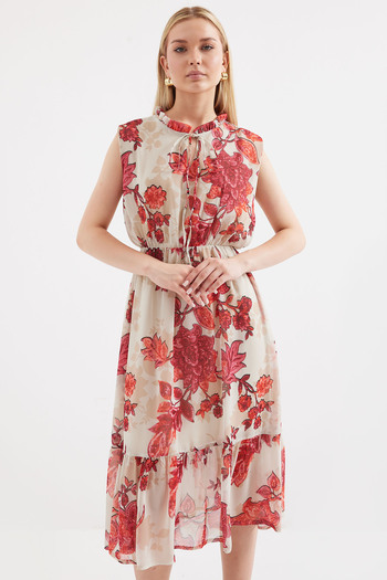 Merterium Women's Patterned Zero Sleeve Chiffon Dress Pomegranate 1129
