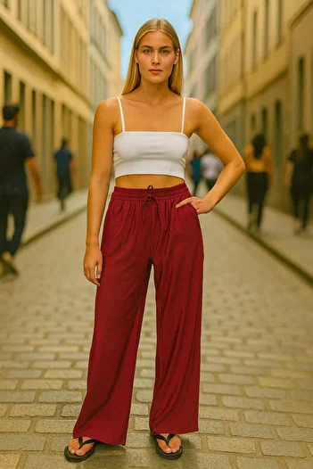 COMBİNE MİCHAİL Women's Wide Leg Elastic Waist Burgundy Trousers
