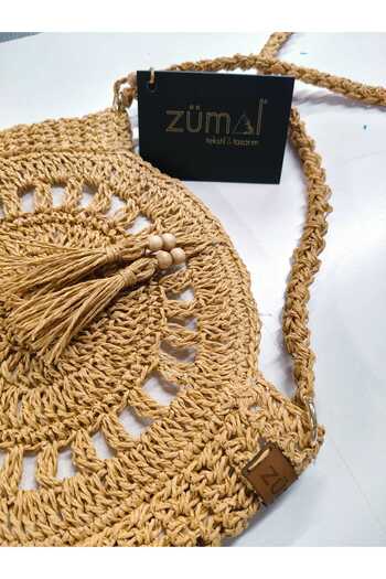 zümal tekstil tasarım Design Hand Knitted Paper Rope Oval Baguette Tasseled Shoulder Bag (Color Straw)