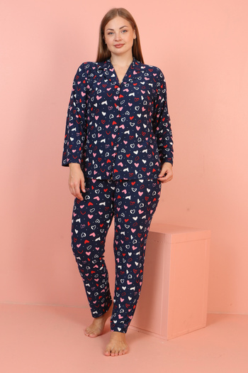 JENİKA Plus Size Navy Blue Modal Suede Fabric Heart Pattern Women's Pajama Set
