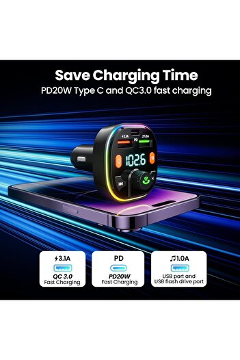 Wevox Araç içi Bluetooth Kiti FM Transmitter USB Type-C Flash Bellek/PD Şarj için Uygun RGB LED Işıklı