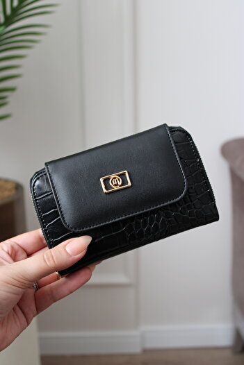 Mimoza Women's Black Two-Compartment Zippered Wallet with Crocodile Pattern