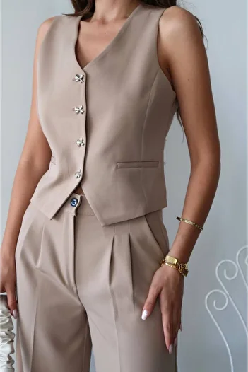 MOCCHI Button Detailed 3-Piece Pants Jacket Vest Suit