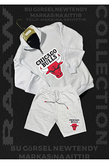 Minikelya Chigago Bulls Half Zipper Stand Collar Sweatshirt - Shorts Fan Cotton 2 Yarn Set