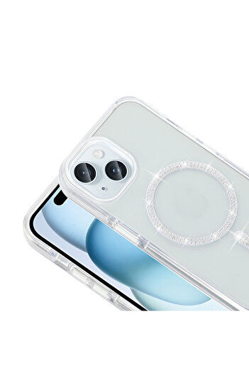Nezih Case Apple iPhone 15 Plus Kılıf Taşlı Tasarım Magsafe Şarj Özellikli Silikon Kapak