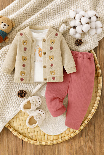 mini mia Tulip Patterned Knitwear Cardigan, Printed Badi and Trousers 3-Piece Baby Set