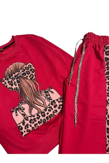 Pajama Shop Girls' Cotton Fabric Red Color 2 Thread Leopard Buckle Patterned Winter Tracksuit Set