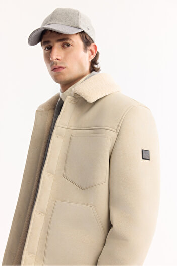Avva Men's Ecru Fur Collar Napa Comfort Fit Coat A52Y6057