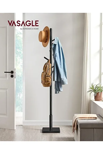 VASAGLE Clothes hanger, solid wood, tree-type, with 8 hooks, square base, 175cm, black