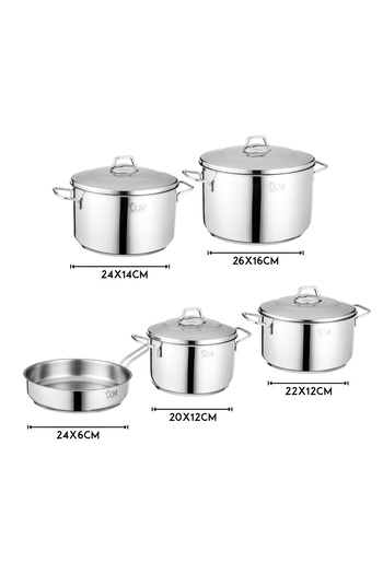 Dania Turkish 18/10 stainless steel cookware set with high-quality stainless steel lid, consisting of 9 pieces, 20-22-24-26-24