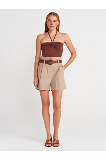 Dilvin 72138 Elastic Waist Belted Shorts-Beige