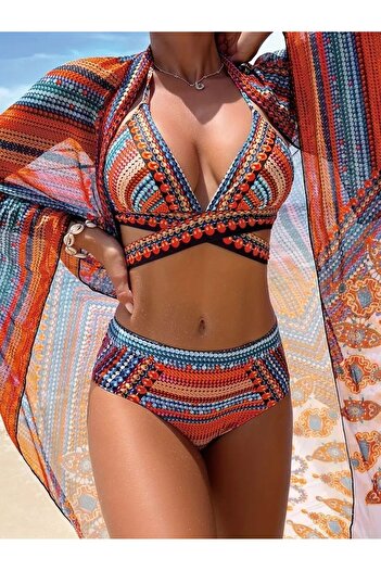 TRAJE DEN Cross Strap Pearl Patterned Square Towel Three Piece Set Bikini Set