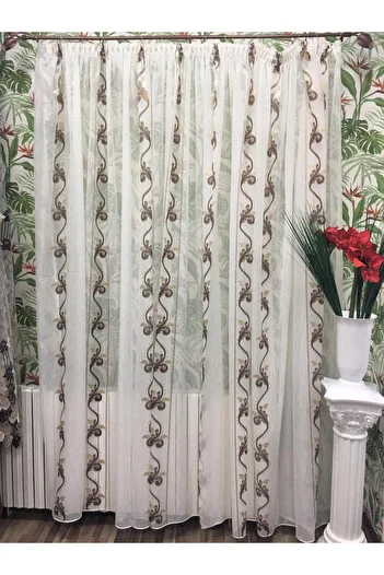 Liz Line Mechanically embroidered curtain, with drapery, various sizes, ivory/brown, "Flower garland" by LizLine RD119