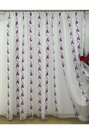 Liz Line Mechanically embroidered curtain, with rejansa, various sizes, white/purple, "Flower garland" by LizLine PD059