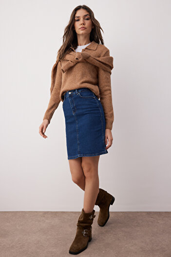 Trendyol Collection Fusta albastră mini denim cu talie înaltă TWOSS20ET0241