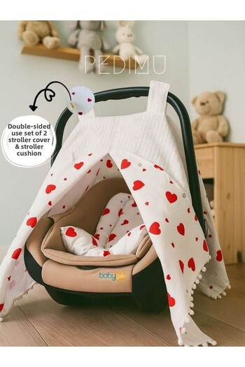 Pedimu Double Sided Baby Stroller Cover & Cushion Set of 2 – Waffle Pique & Heart Poplin – Special Pouch Gift
