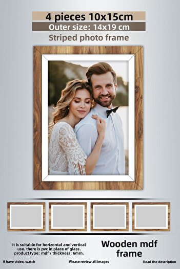 bymat 4 Pieces 10X15 Frame - Wooden-White Striped Frame - Mdf Frame - Pvc Photo Frame