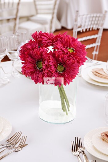 Yapay Çiçek Deposu Artificial Flower 6-Piece Quality Fringed Large Gerbera Bouquet Fuchsia