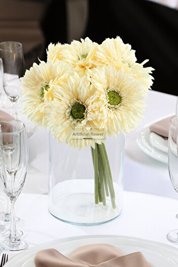 Yapay Çiçek Deposu Artificial Flower 6-Piece Quality Fringed Large Gerbera Bouquet Cream