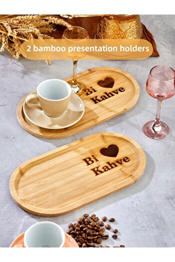 EMBazaar Set of 2 Bamboo Coffee Presenters – Oval, Heart Pattern, Bi Coffee