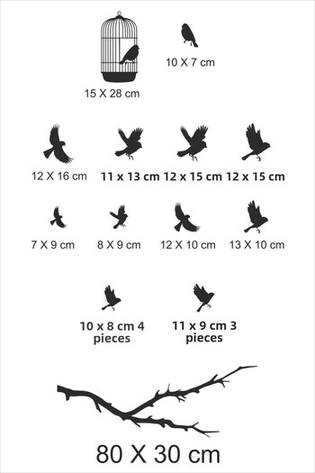 TRC TRAFİK Caged Birds Escape Decorative Wall Sticker Gray (13 Figures)