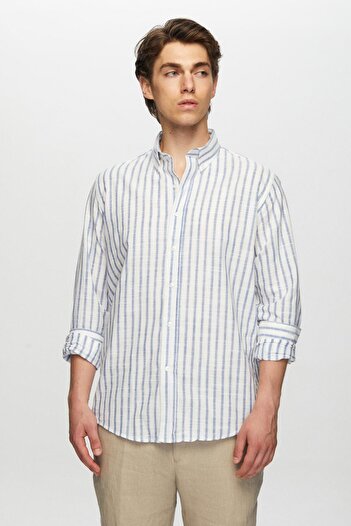 D'S Damat Ds Damat Slim Fit Modrý pruhovaný límec na knoflíky 100% bavlna Flamed Summer Linen Look Shirt