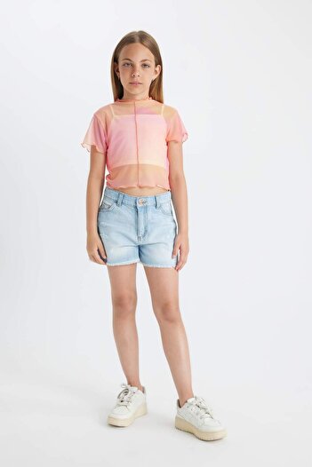 DeFacto Girl's Gradient Printed Crop T-Shirt and Undershirt - Short Sleeve, Crew Neck 2-Piece Set C8717a824sm
