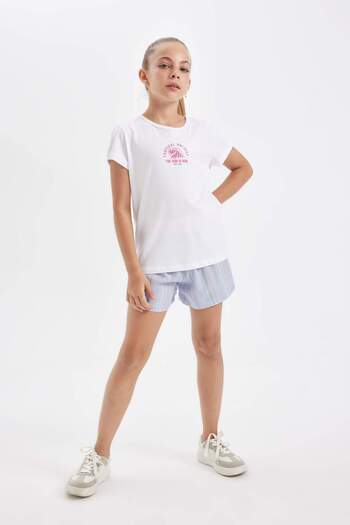 DeFacto Set pijama cu mânecă scurtă imprimată pentru fete cu pantaloni scurți C8501A824SM