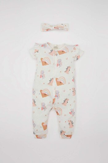 DeFacto Dinosaur Printed Waffle Jumpsuit and Bandana 2 Pieces Set for Newborn Baby Girl - C9484A524Sm