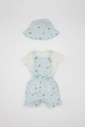 DeFacto Printed Muslin 3 Piece Set for Baby Boy - Short Sleeve T-Shirt, Salopette, Hat C8822a524hs