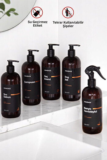 homence 5'li Banyo Seti Plastik Şişe Seti Amber Sabunluk 500 ml