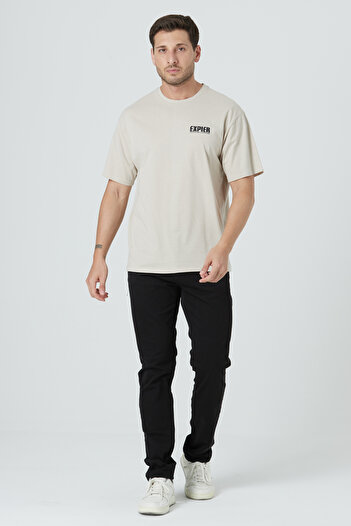 EXPIER 100% βαμβάκι Relax Fit Άνετη εφαρμογή Crew Neck Basic μονόχρωμο κοντομάνικο μπλουζάκι με στάμπα σε μπεζ TNT-002