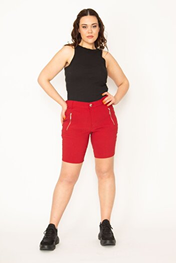 Şans Women's Large Size Claret Red Lycra Bengalin Fabric Zipper Detailed Shorts 65n32696