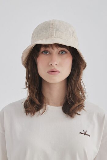 Nordbron Unisex Beige Linen Logo Embroidered Detailed Basic Bucket Hat Cotton Inner Lined Cool Nolasco