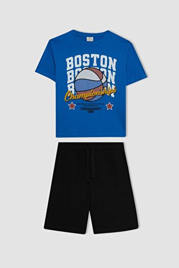 DeFacto Boys' 2-Piece Set Printed Short-Sleeved T-Shirt Top with Elastic Waist and Short Shorts D1160A824Hs