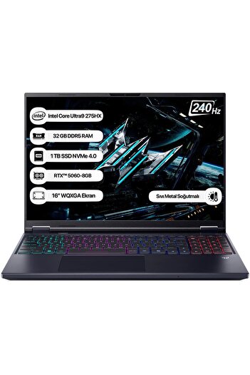 ACER Predator Helios Neo 16 NH.QVUEY.001 Ultra 9 275HX 32GB 1TB SSD RTX5060-115W Dos 16" WQXGA 240Hz