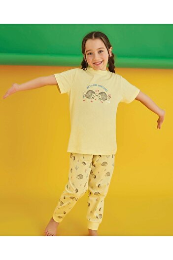 Aydoğan Kız Çocuk Kısa Kollu Sarı %100 Pamuk Pijama Takım 250216